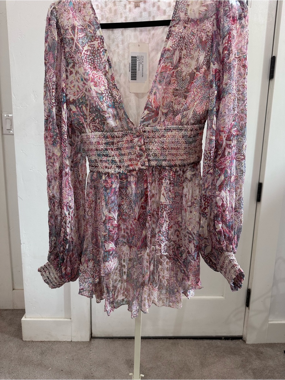 Rococo Sand Rosewood Chiffon Blouse Hi-low Smocked Waist, NWT